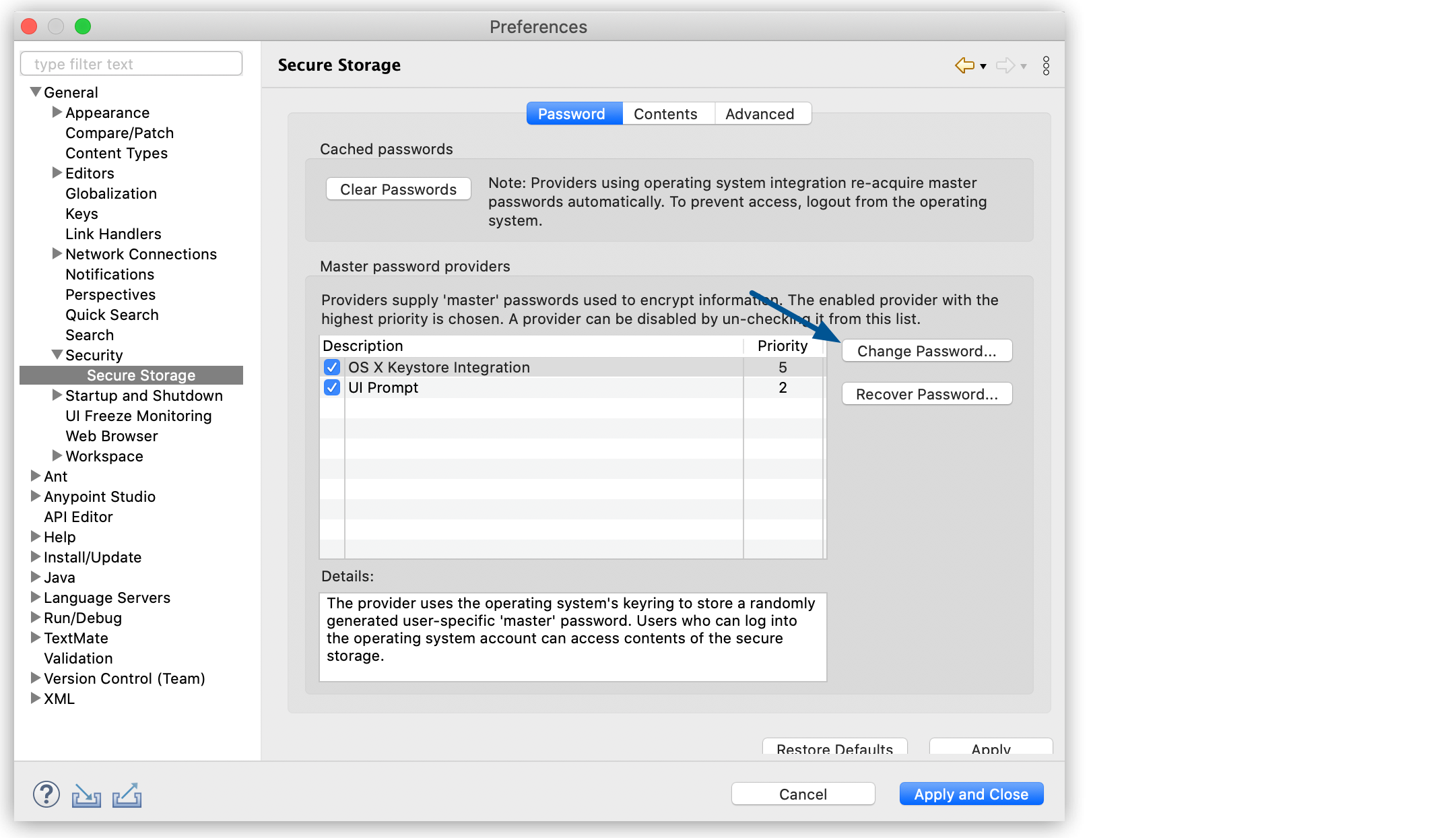 secure storage change password