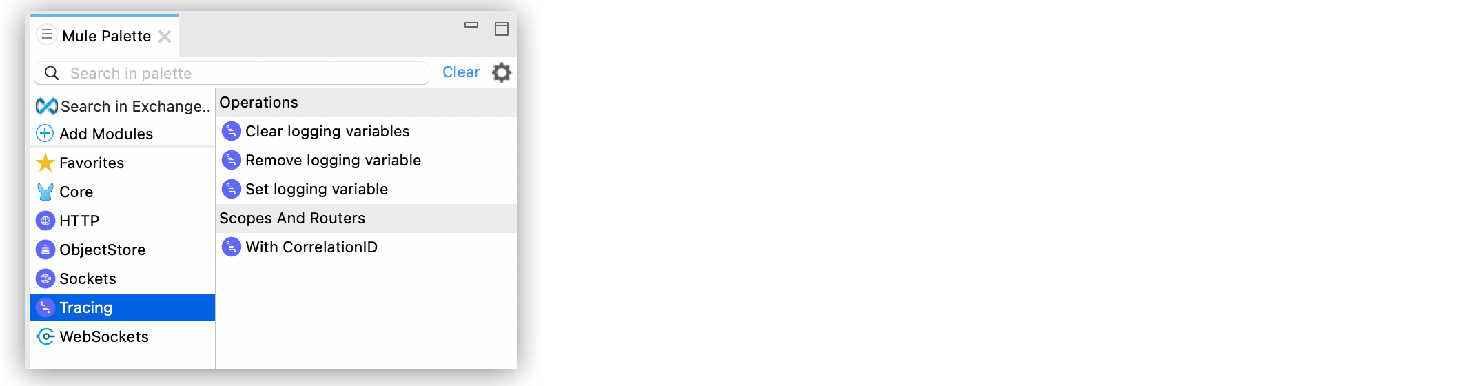 Anypoint Studio の Tracing モジュール操作およびスコープが含まれる Mule パレット