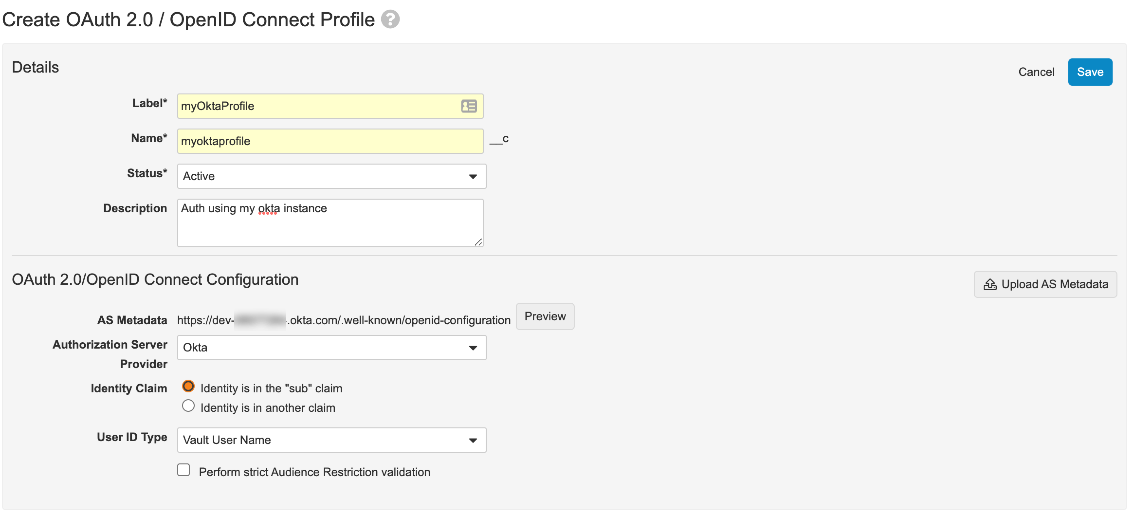 上記の手順で入力された項目が表示されている [OAuth 2.0 / OpenID Connect Profile configuration (OAuth 2.0/OpenID Connect プロファイル設定)] ウィンドウ