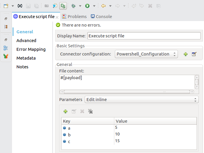 プロパティウィンドウ内の Execute script file 操作の設定値