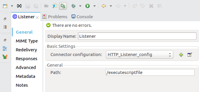 プロパティウィンドウ内の [Listener (リスナー)] 設定値
