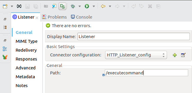プロパティウィンドウ内の [Listener (リスナー)] 設定値