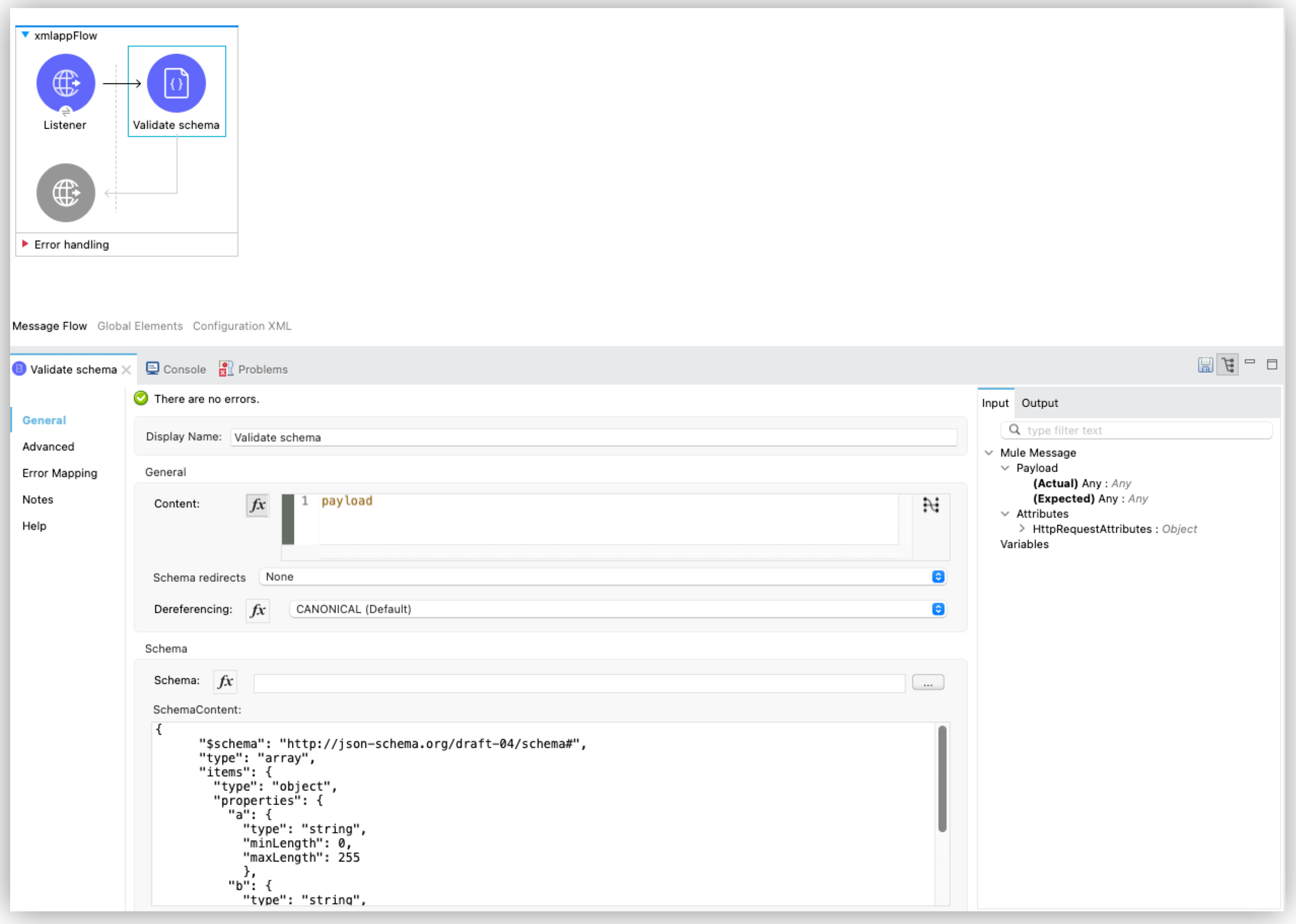 Schema content field set to the schema content to validate