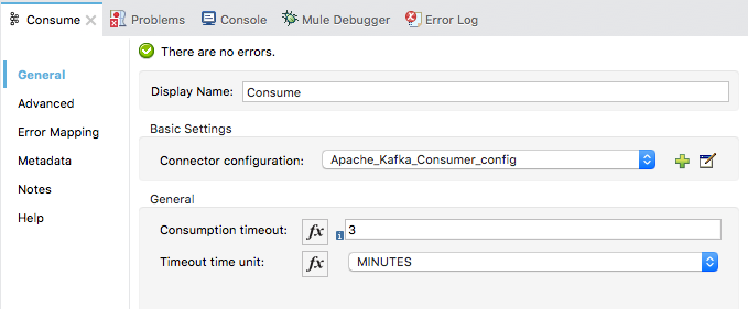 Kafka config panel in General tab for consumer config