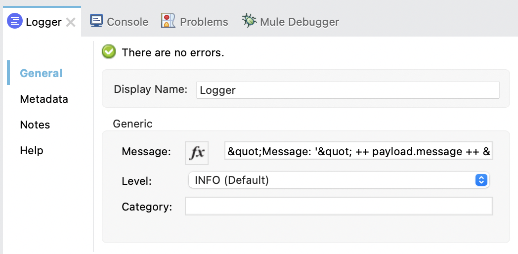 Logger properties window configuration