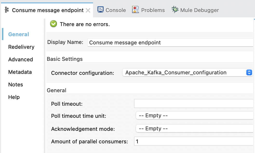 Message listener properties window configuration