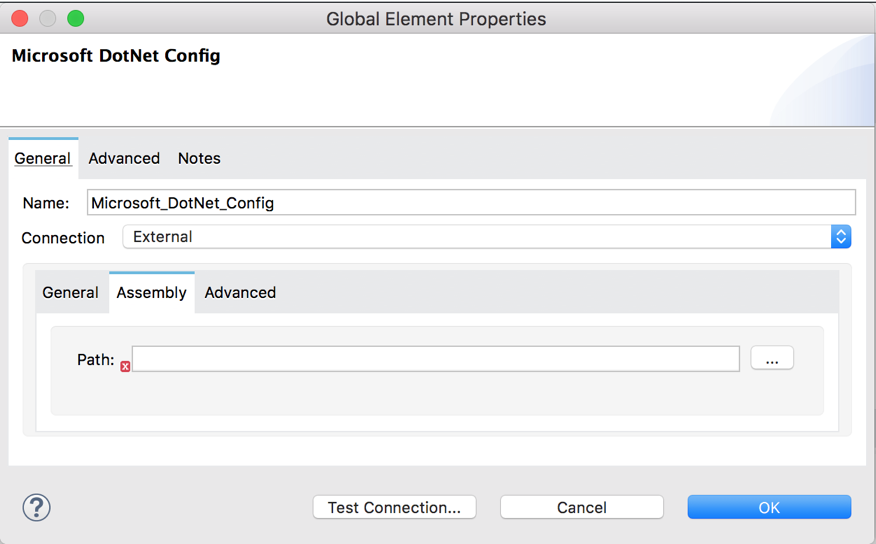 External connection type with Assembly tab selected