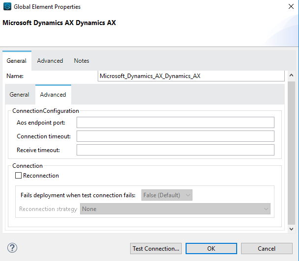 Microsoft Dynamics AX Connector global elements properties config window on Advanced tab