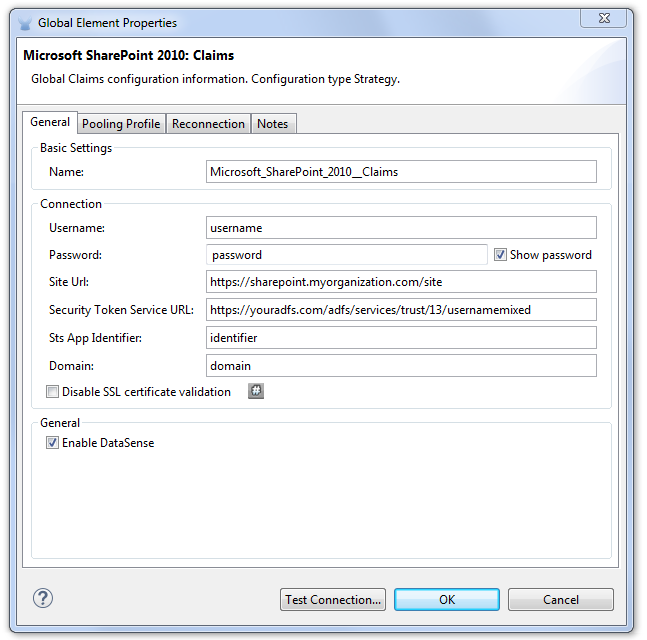 Microsoft SharePoint 2010 Claims-based connection global elements properties window