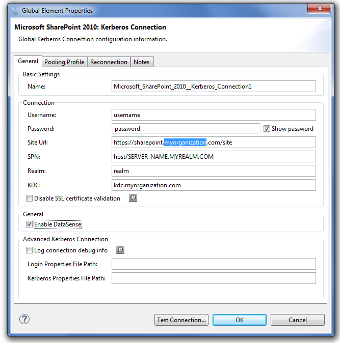 Microsoft SharePoint 2010 Kerberos connection global elements properties window