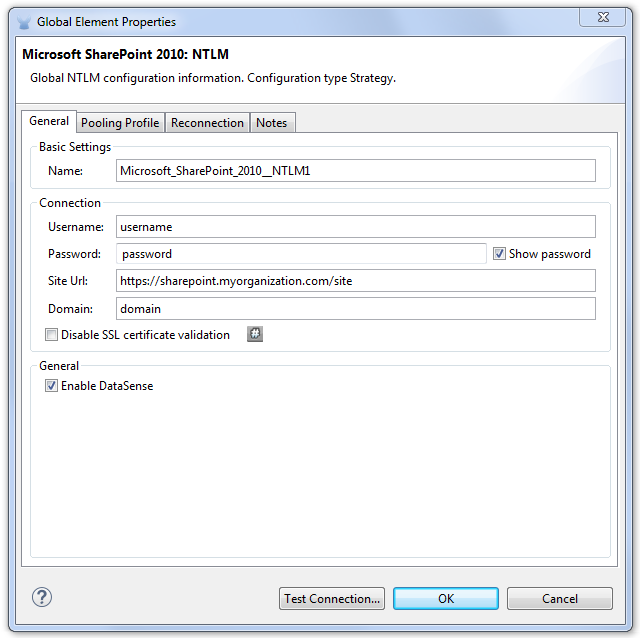 Microsoft SharePoint 2010 NTLM connection global elements properties config window