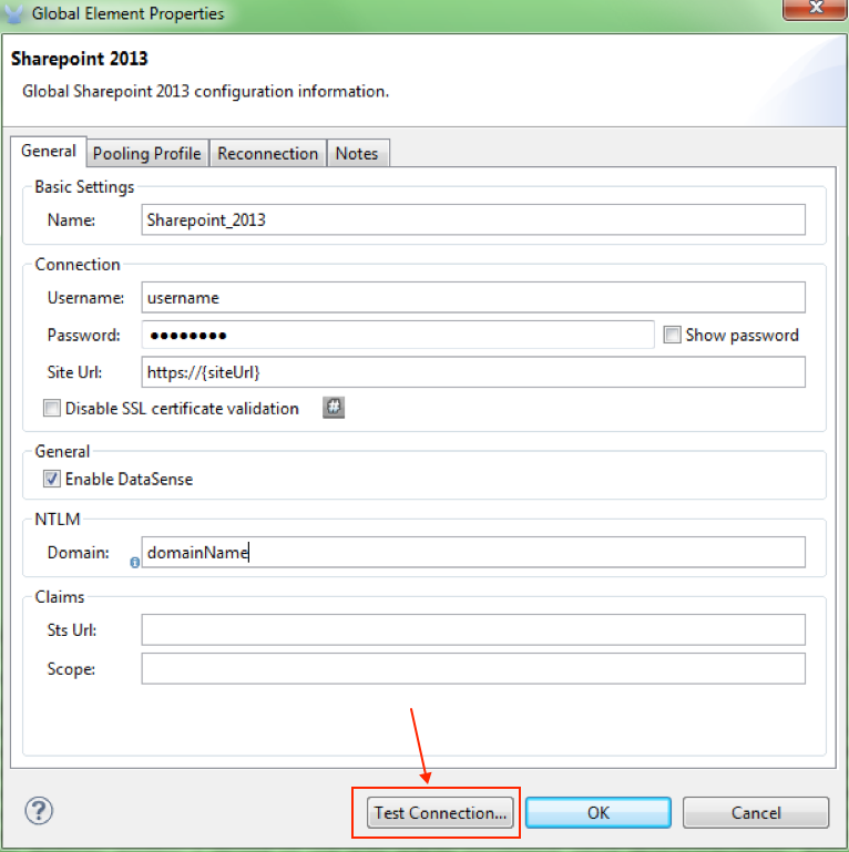 Sharepoint 2013 global element properties window with Test Connection button