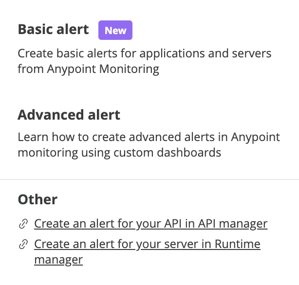 Alerts menu options to set up, basic, advanced, or other types of alerts