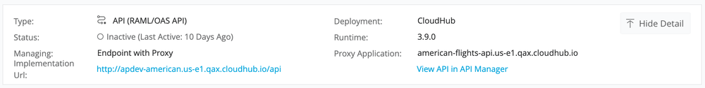 Information about an API in the details panel showing the type, status, deployment information, and Mule runtime version