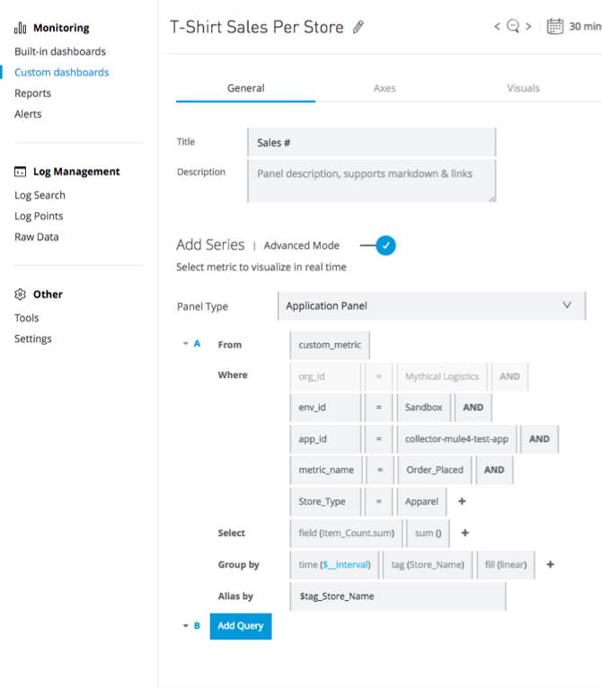 Custom dashboard for t-shirt sales displaying example values in the query builder