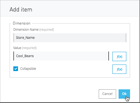 A form with fields for dimension name, value, collapsible option and OK button