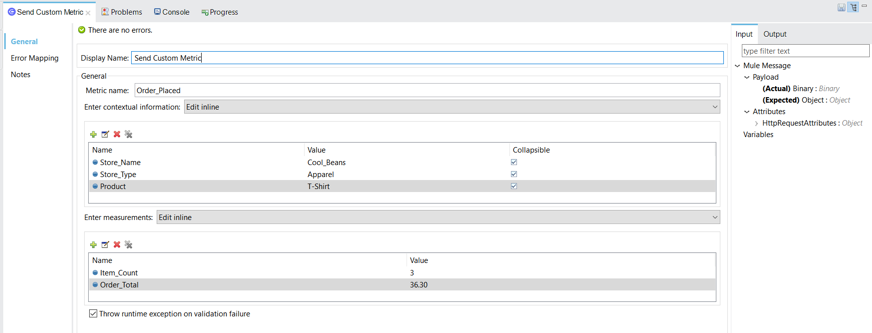 Send Custom Metrics source general configuration properties form with example values for contextual information and measurements