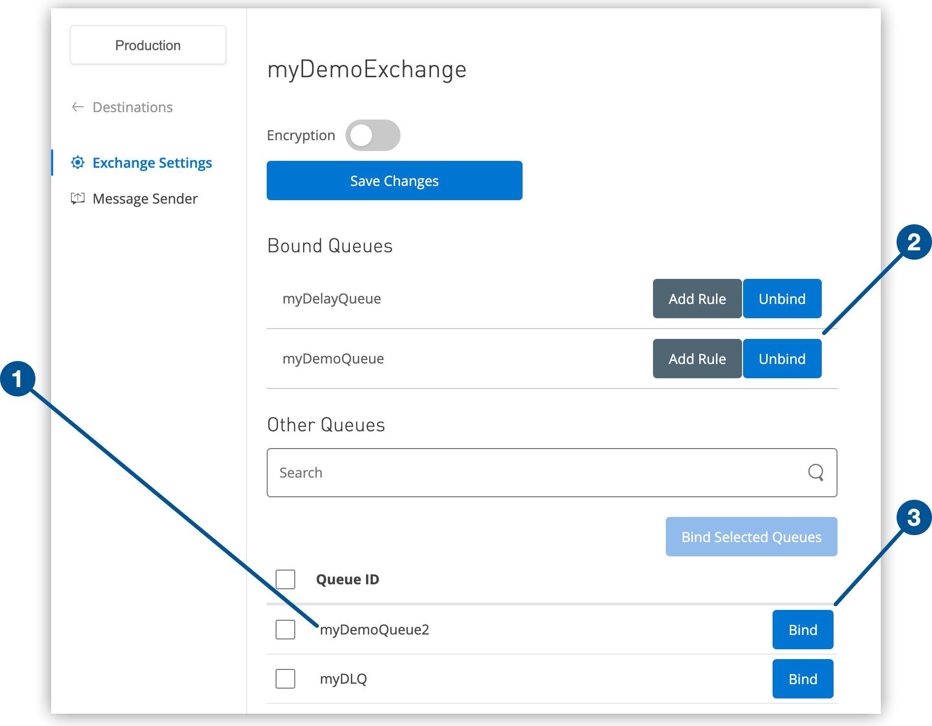 (1) Checkboxes for multiple select, and (2) Unbind and (3) Bind buttons