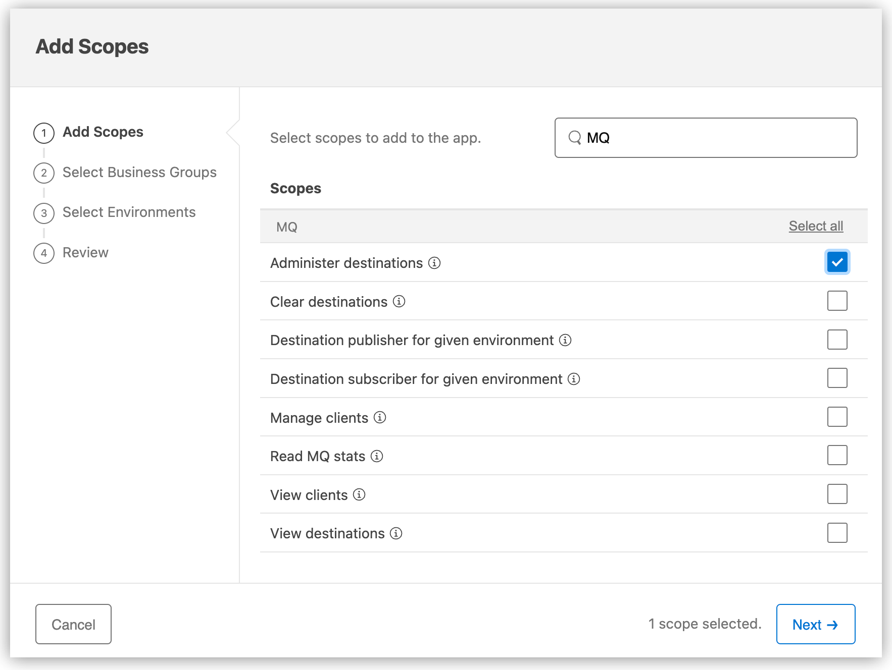 Scopes for Anypoint MQ connected apps