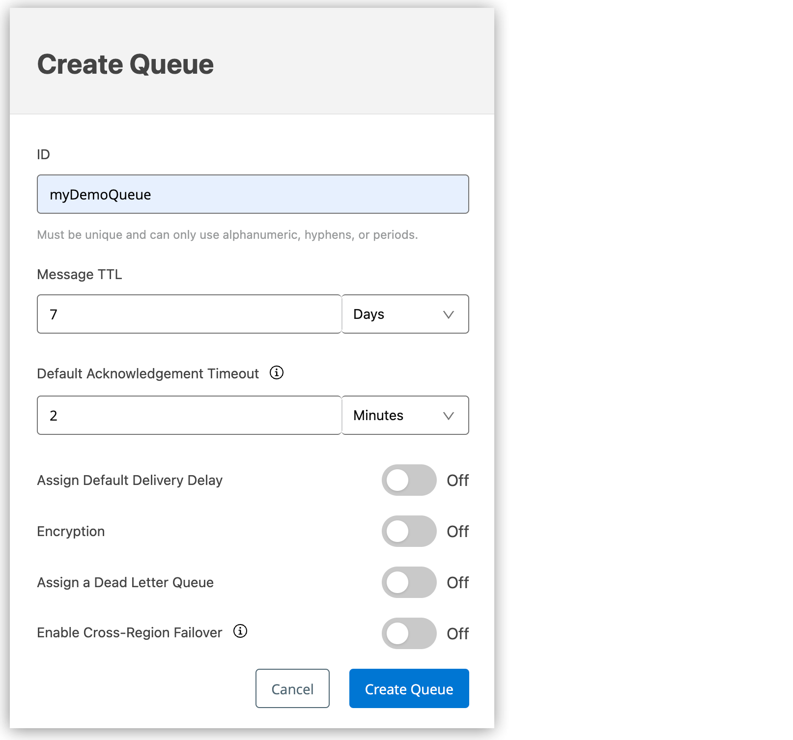 Create Queue popup dialog box