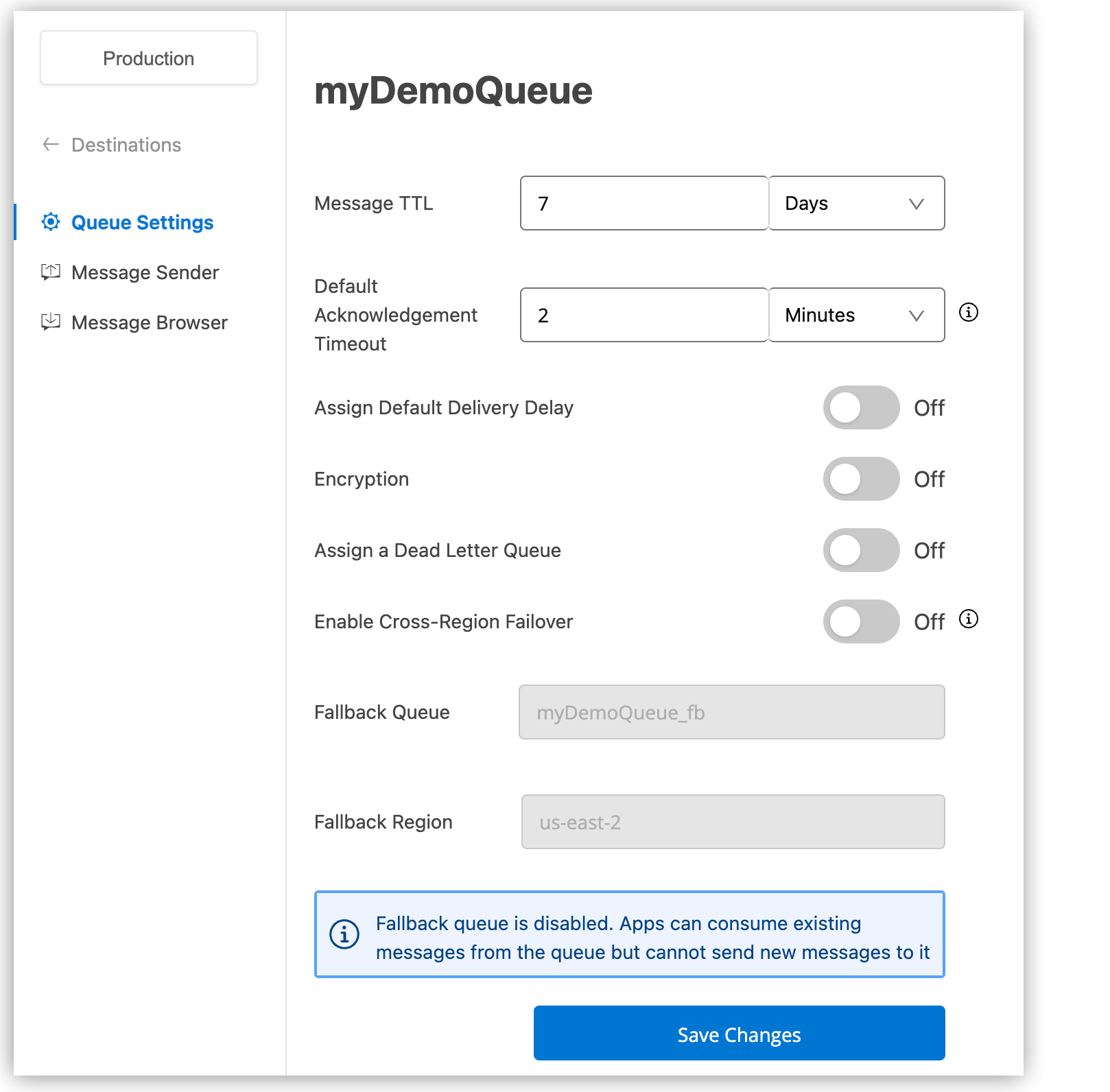 Queue Settings page with failover option deselected