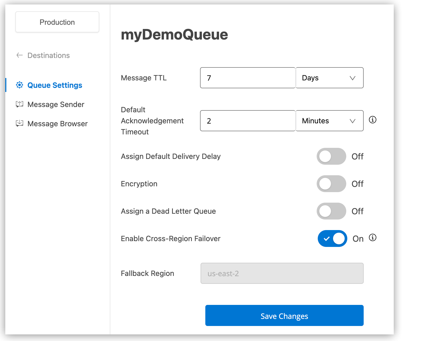 Queue Settings page with failover option selected