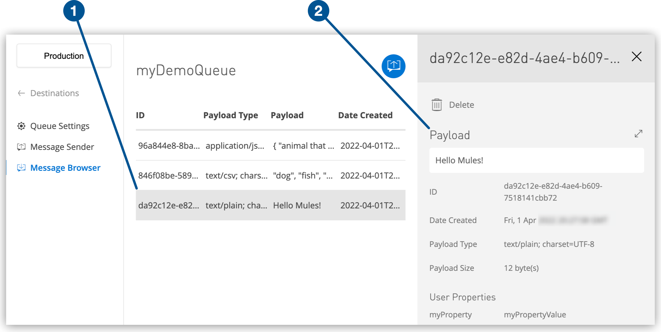 Selected message row and the payload in the details pane