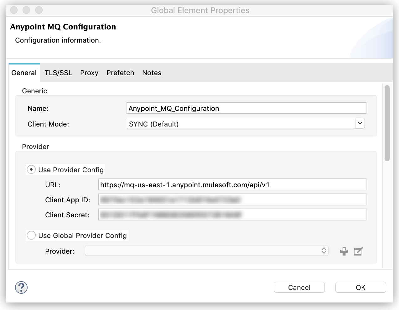 URL, Client App ID, and Client Secret fields in the Anypoint MQ Config window