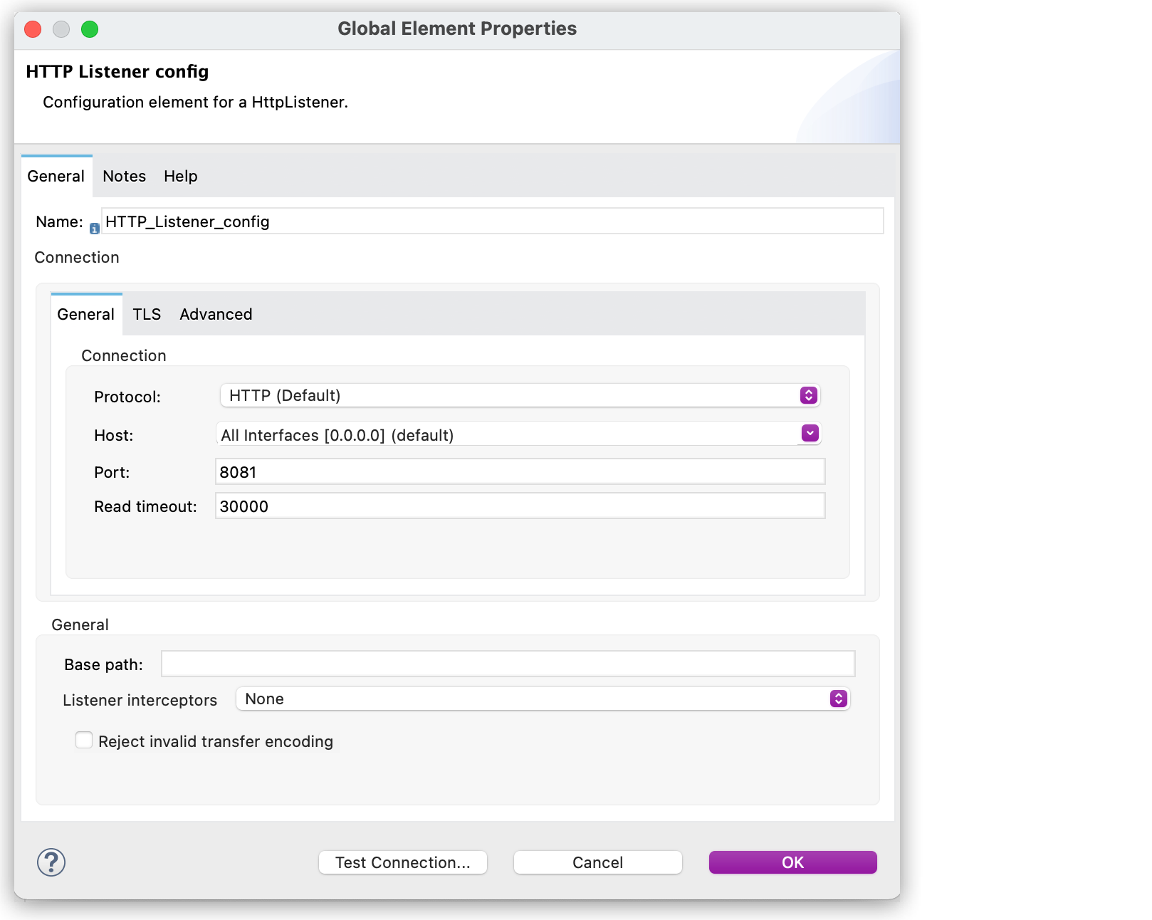 Host and Port settings in the Global Element Properties for the Listener