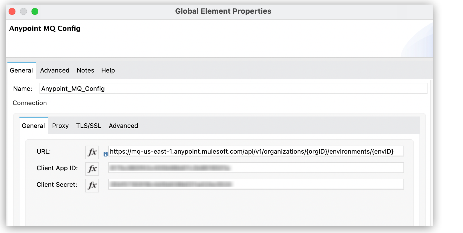 「Anypoint MQ Config (Anypoint MQ 設定)」 ウィンドウの 「URL」 項目、「Client App ID (クライアントアプリケーション ID)」 項目、「Client Secret (クライアントシークレット)」 項目