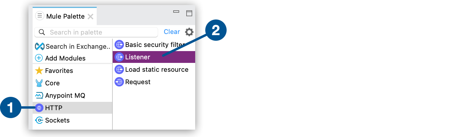 HTTP Connector and Listener operations in the Mule Palette