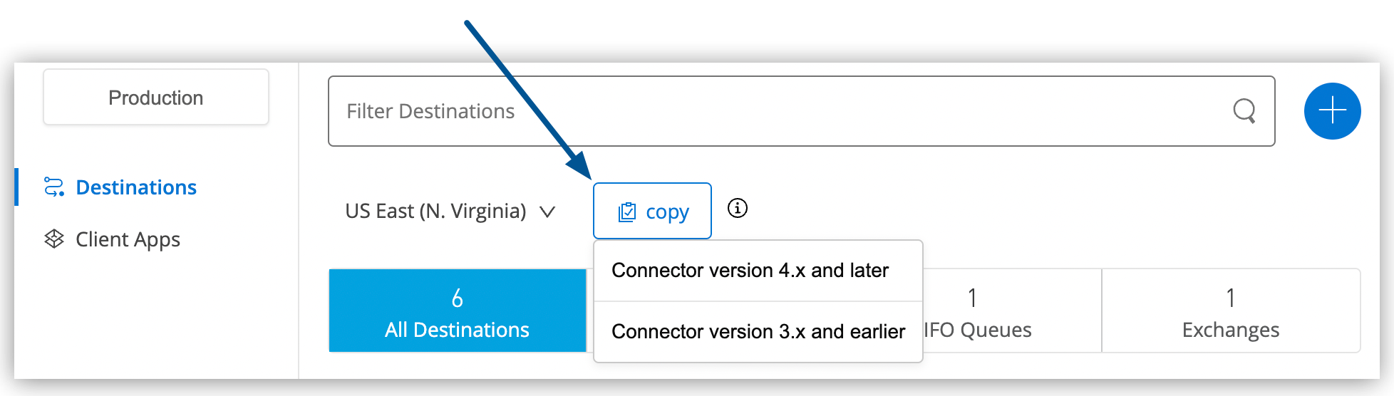 Copy button in the Destinations page