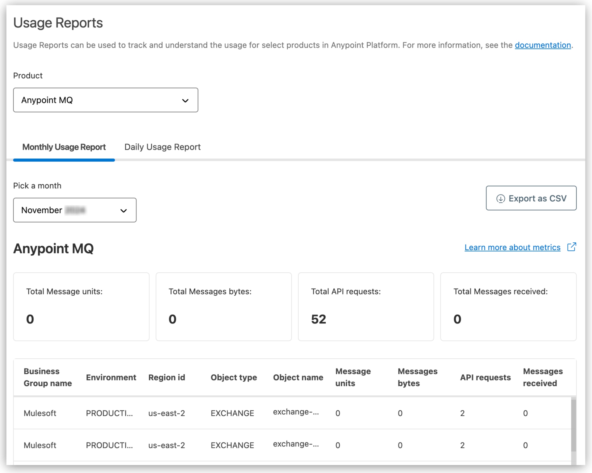 Anypoint MQ option on the Usage Reports page