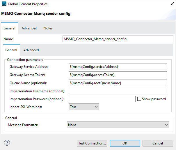 Global Element Properties window for Sender config