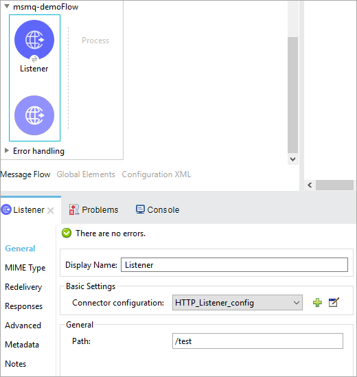 MSMQ flow with Listener dragged to canvas in Studio