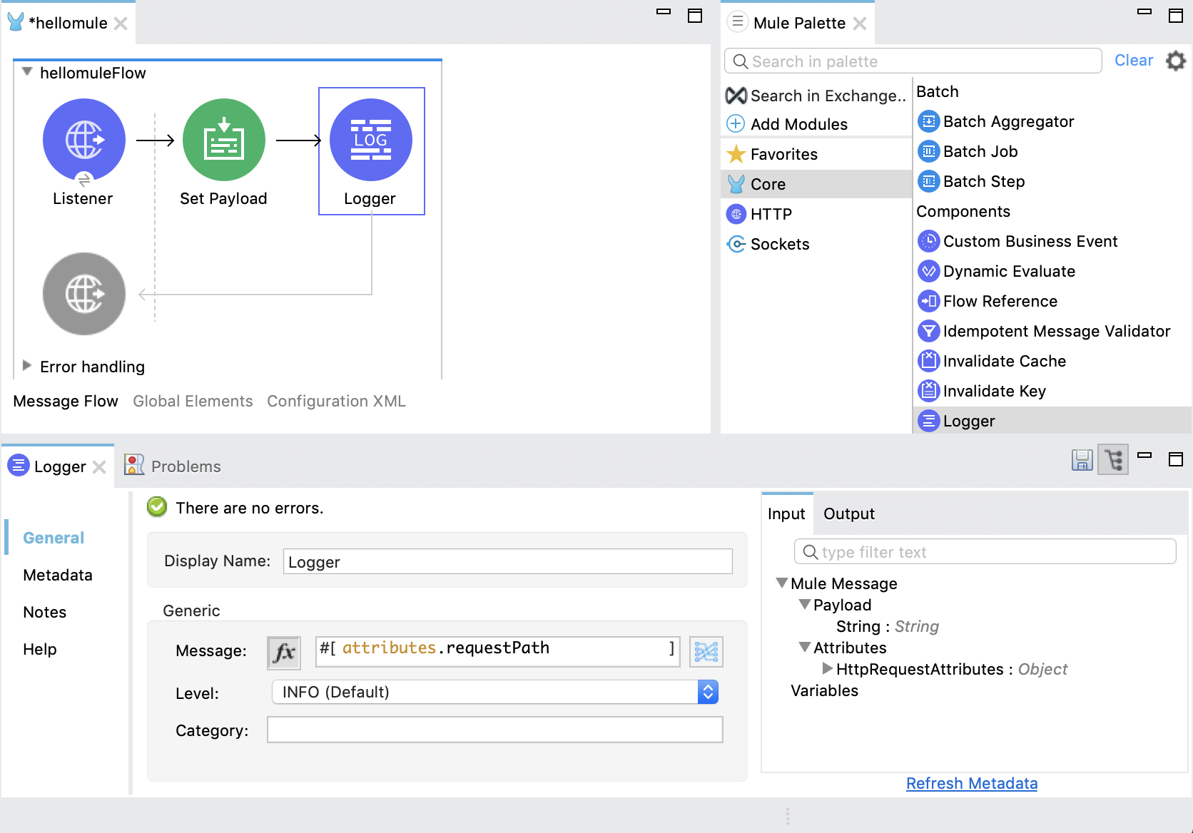 Logger component configuration in Hello Mule