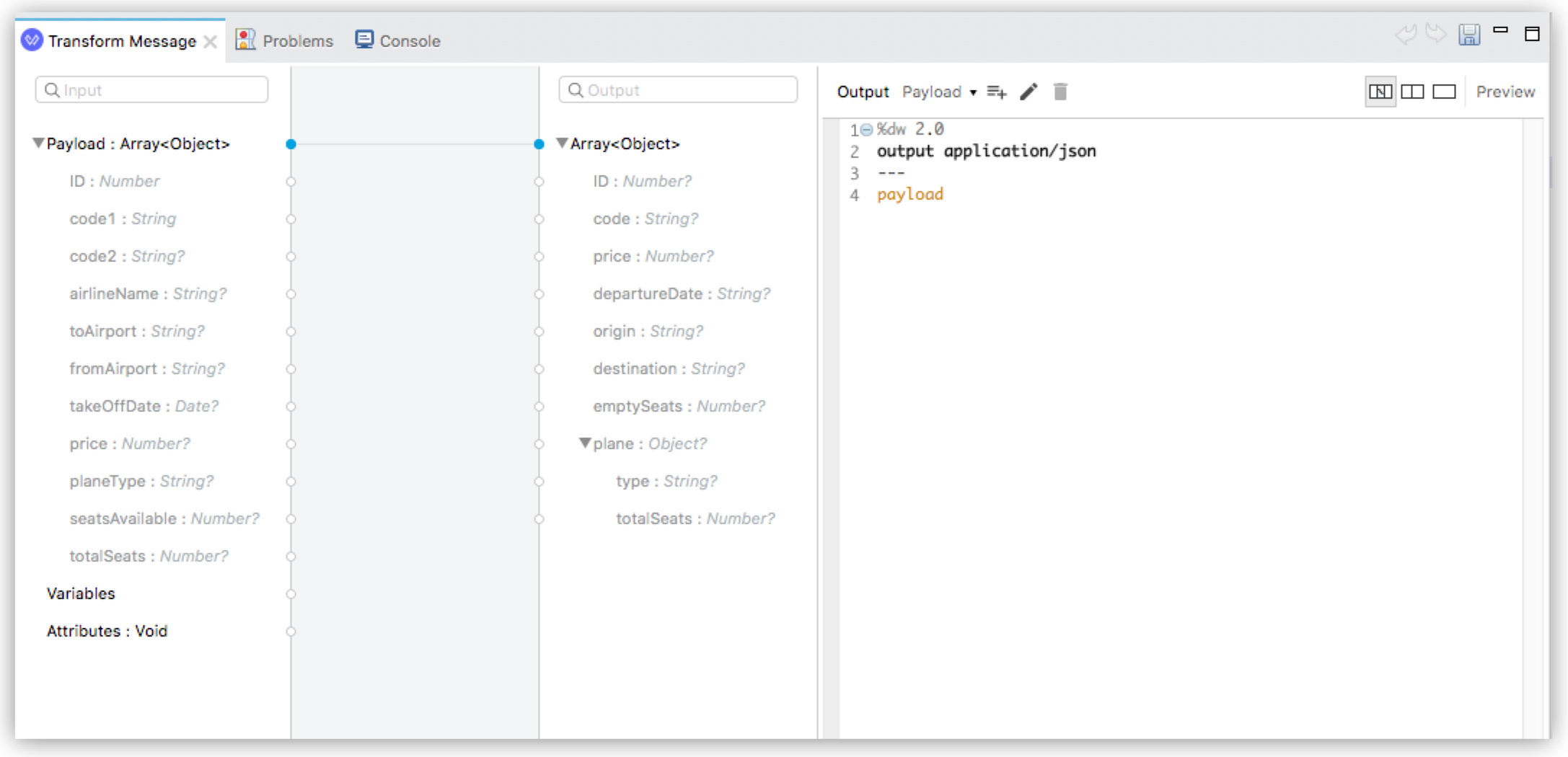 A DataWeave editor showing transformation setup with input and output structures