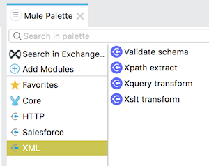 The XML module and its components listed in Anypoint Studio