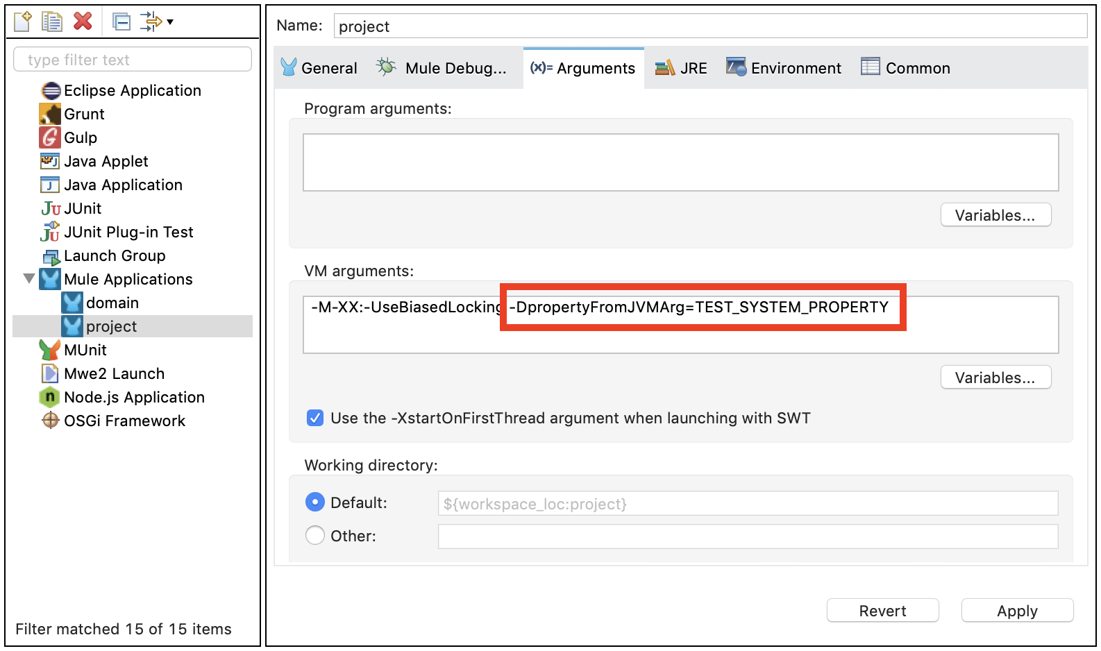 Arguments tab showing settings for JVM arguments in Anypoint Studio