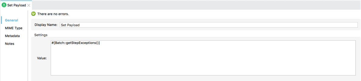 A Set Payload component with a value expression related to batch exceptions in Anypoint Studio