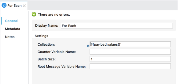 A For Each component processing error in Anypoint Studio