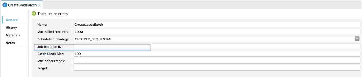 A batch processing component showing a job instance ID in Anypoint Studio