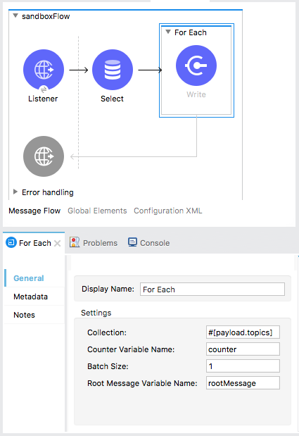 A For Each component showing a flow with settings