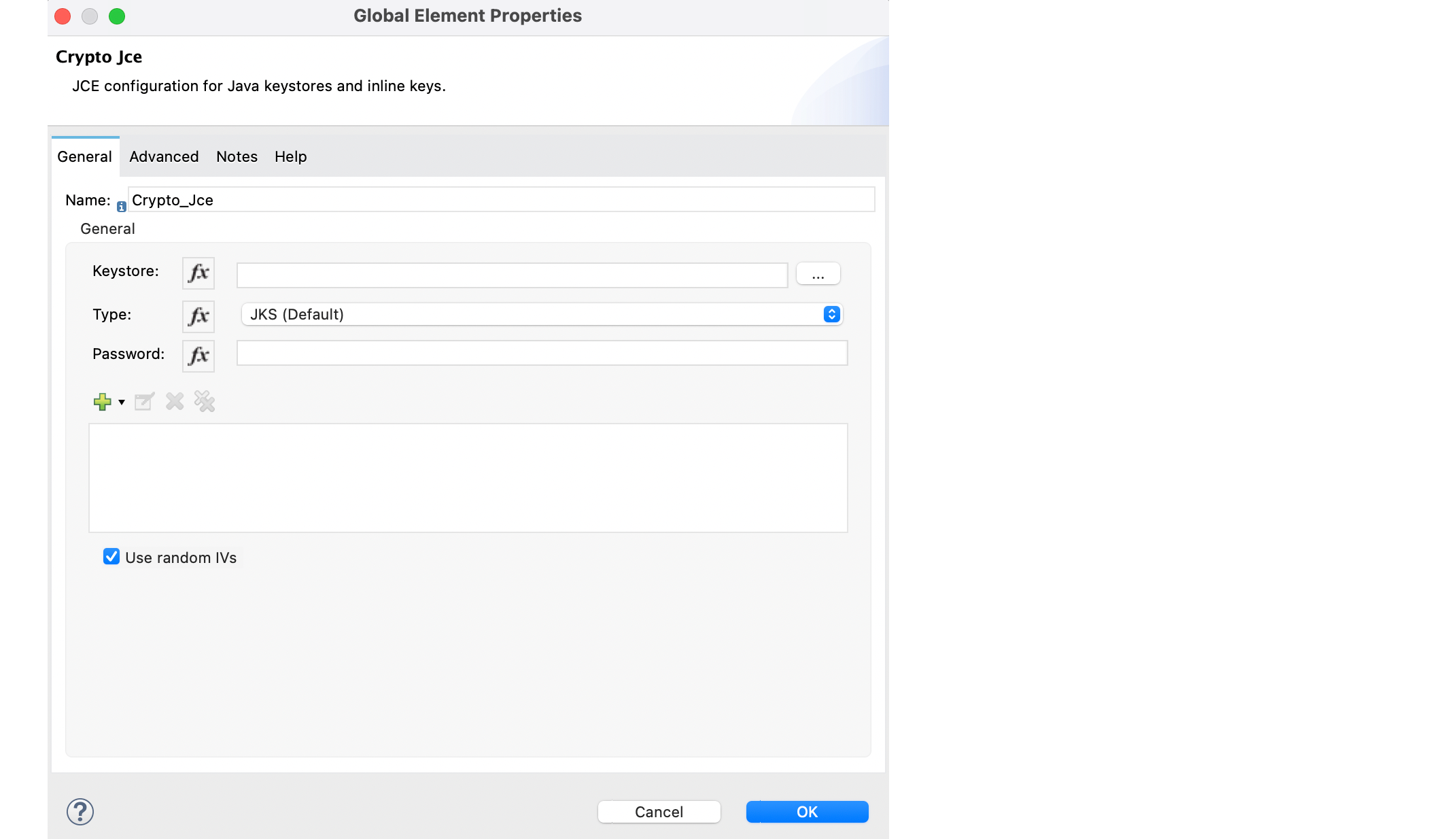 A configuration setting for Crypto JCE with options for keystore and random IV usage