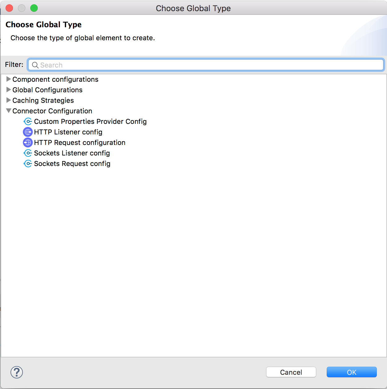 Screen for selecting a type of global configuration element with a search function