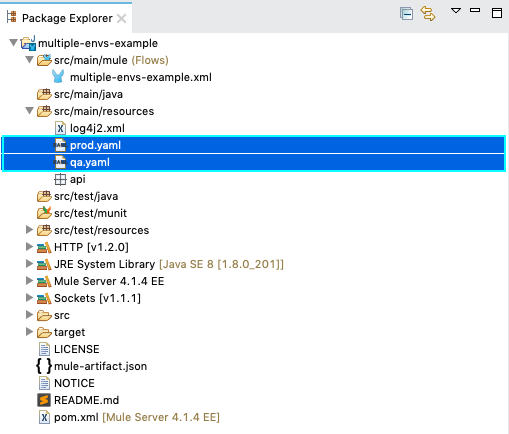 A Package Explorer showing a project structure with folders for different environments including Production and QA in Anypoint Studio