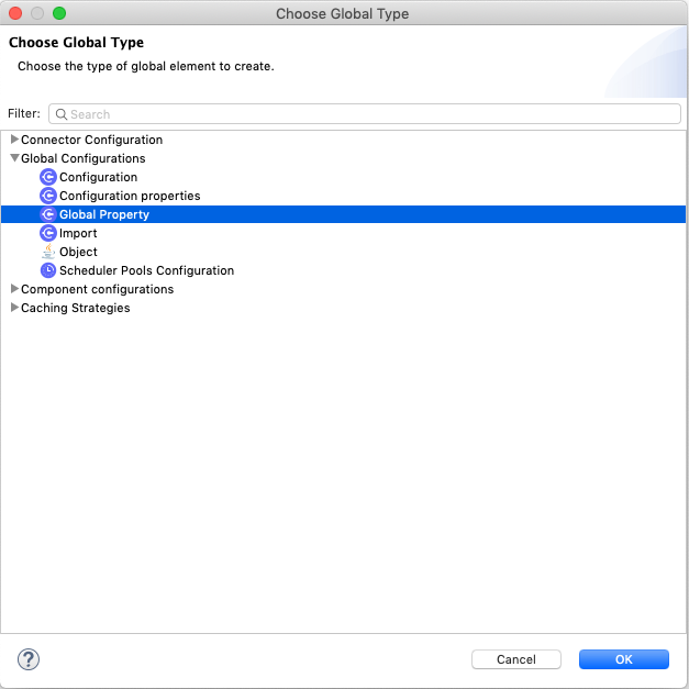 Configuration panel for choosing a global element type including Global Property under Global Configurations in Anypoint Studio