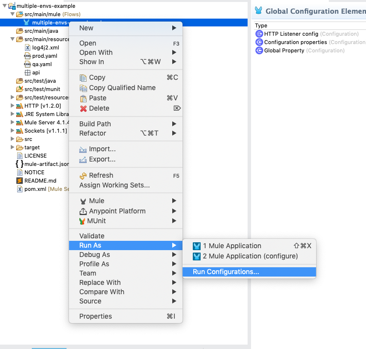 A Package Explorer view showing how to run configurations in a project structure