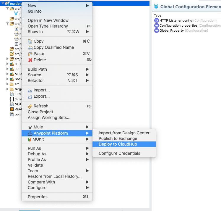 A Package Explorer view showing how to deploy applications to CloudHub