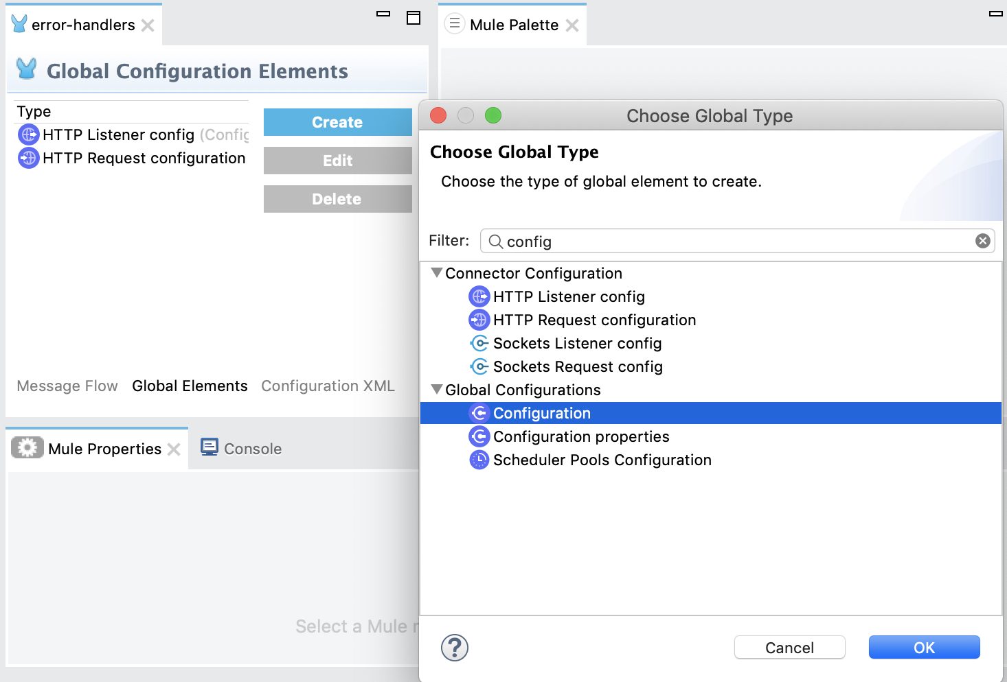 A configuration panel for choosing a global element type including configuration